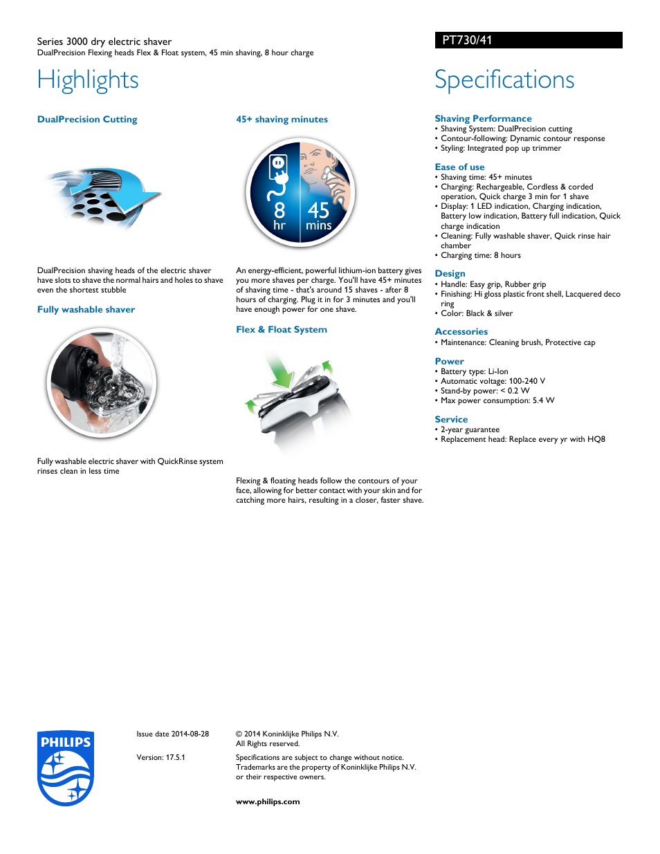 Highlights, Specifications | Philips PT730-41 User Manual | Page 2 / 2