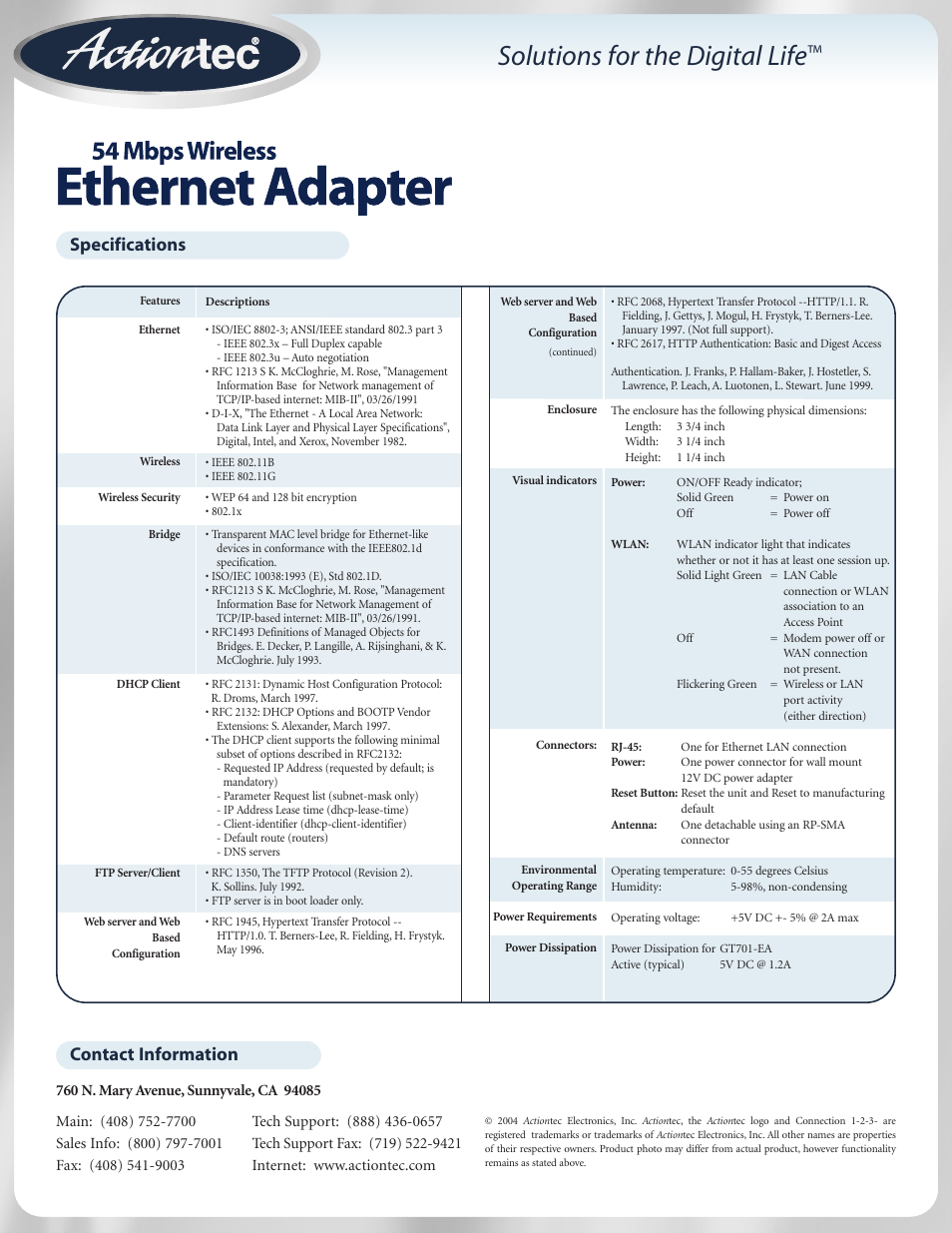 Solutions for the digital life, Contact information specifications | Actiontec electronic 802EAG User Manual | Page 2 / 2