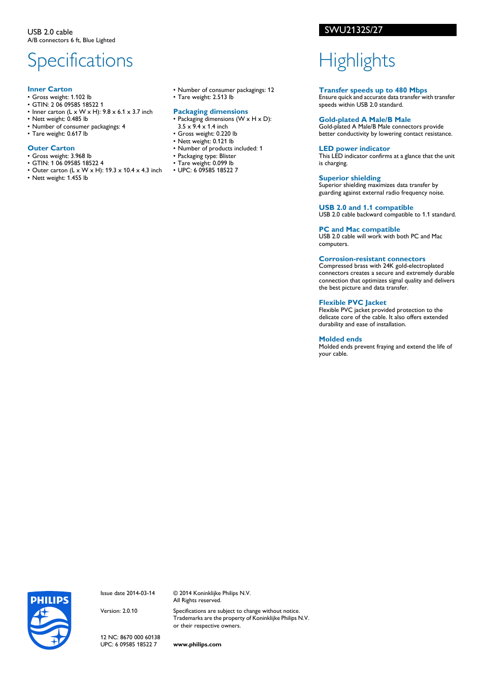 Specifications, Highlights | Philips SWU2132S-27 User Manual | Page 2 / 2