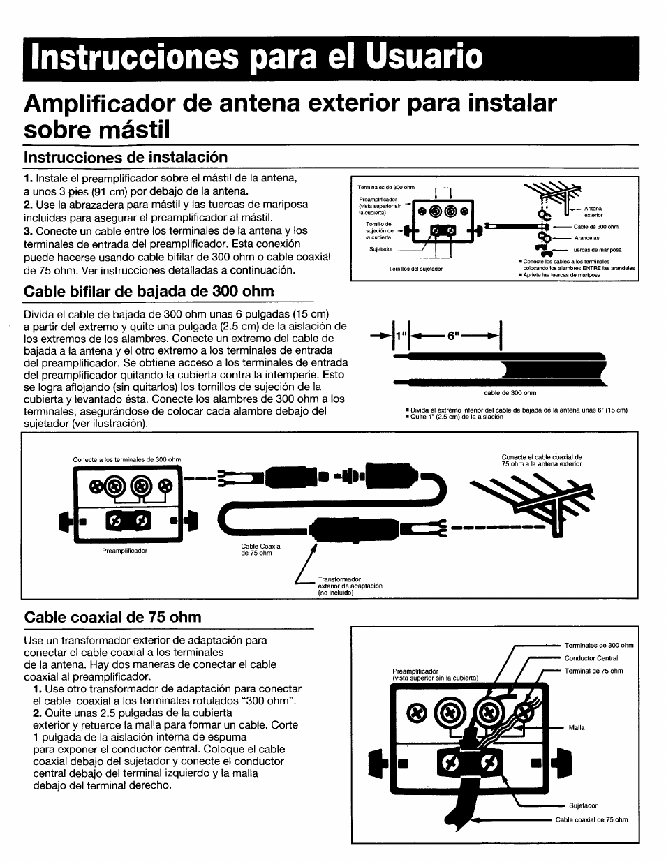 Instrucciones para el usuario, Instrucciones de instalación, Cable bifilar de bajada de 300 ohm | Cable coaxial de 75 ohm | Philips SWS2083W-17 User Manual | Page 3 / 4