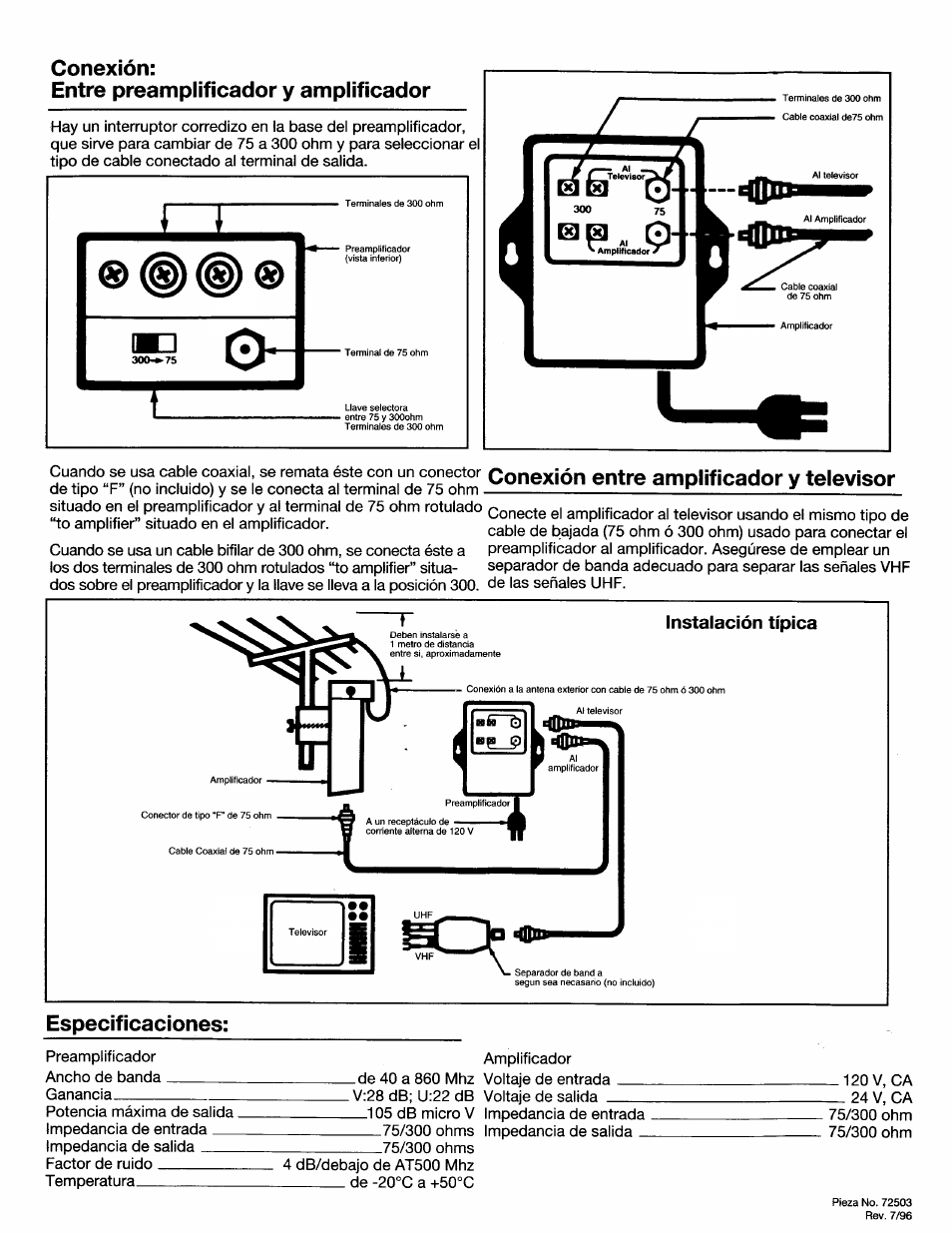 Conexión: entre preamplificador y amplificador, Conexión entre amplificador y televisor, Especificaciones | Instalación típica | Philips SWS2083W-17 User Manual | Page 4 / 4