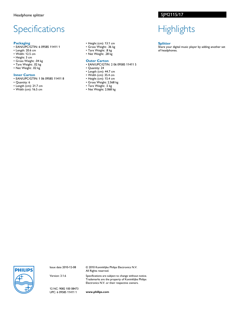 Specifications, Highlights | Philips SJM2115-17 User Manual | Page 2 / 2