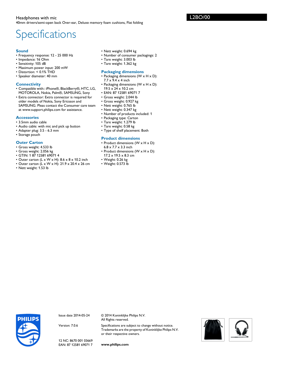 Specifications, L2bo/00 | Philips L2BO-00 User Manual | Page 3 / 3