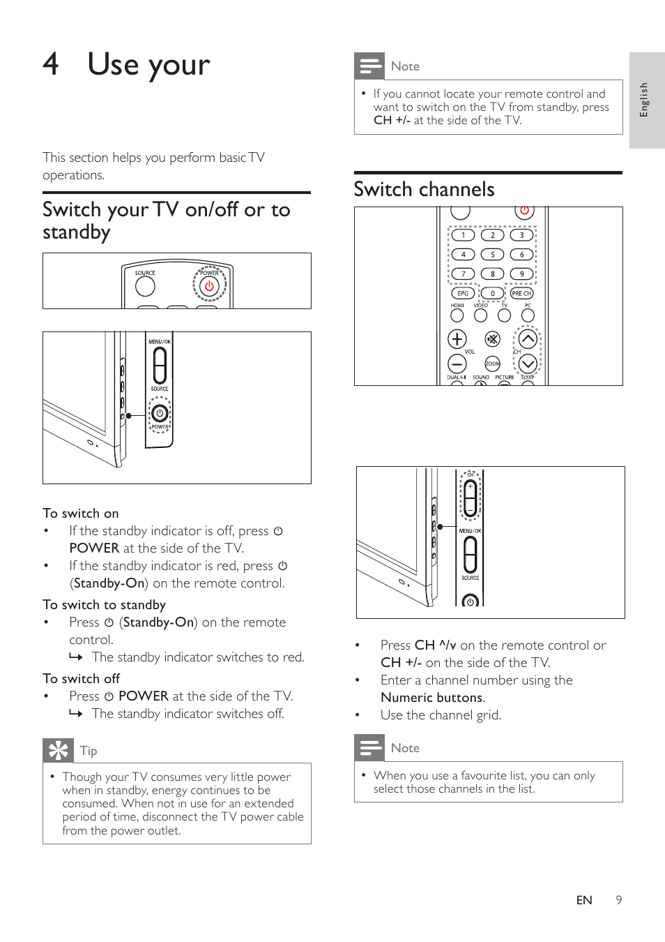 Use your lcd monitor with hd tv, Switch channels, Switch your tv on/off or to standby | Philips 221T1SB1-00 User Manual | Page 11 / 21