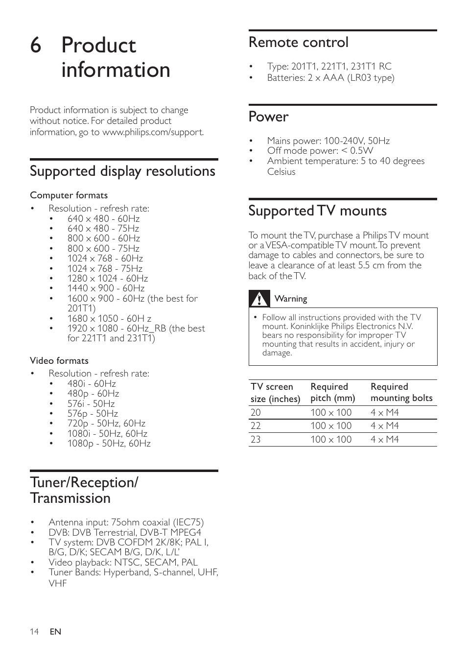 6 product information, Remote control, Power | Supported tv mounts, Supported display resolutions, Tuner/reception/ transmission | Philips 221T1SB1-00 User Manual | Page 16 / 21