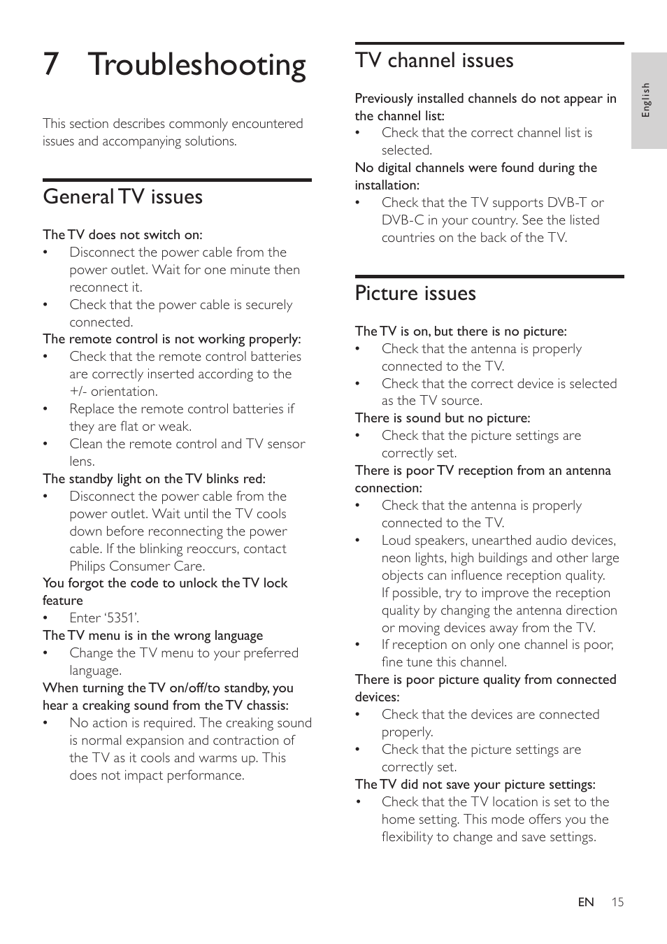 7 troubleshooting, Tv channel issues, Picture issues | General tv issues | Philips 221T1SB1-00 User Manual | Page 17 / 21