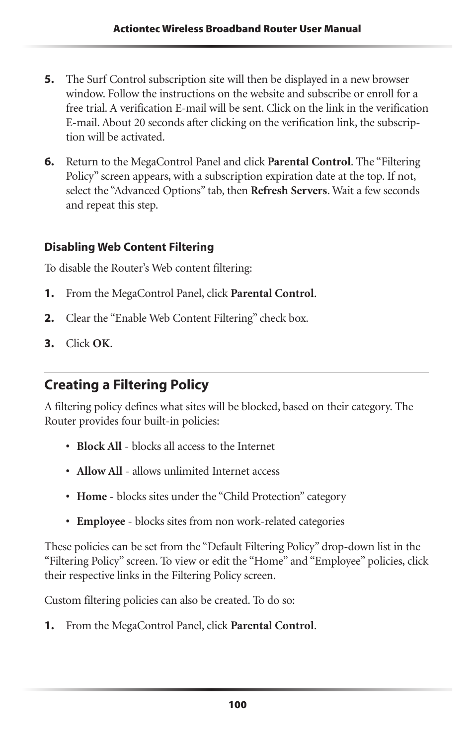 Creating a filtering policy | Actiontec MI424WR (GigE) User Manual | Page 103 / 171