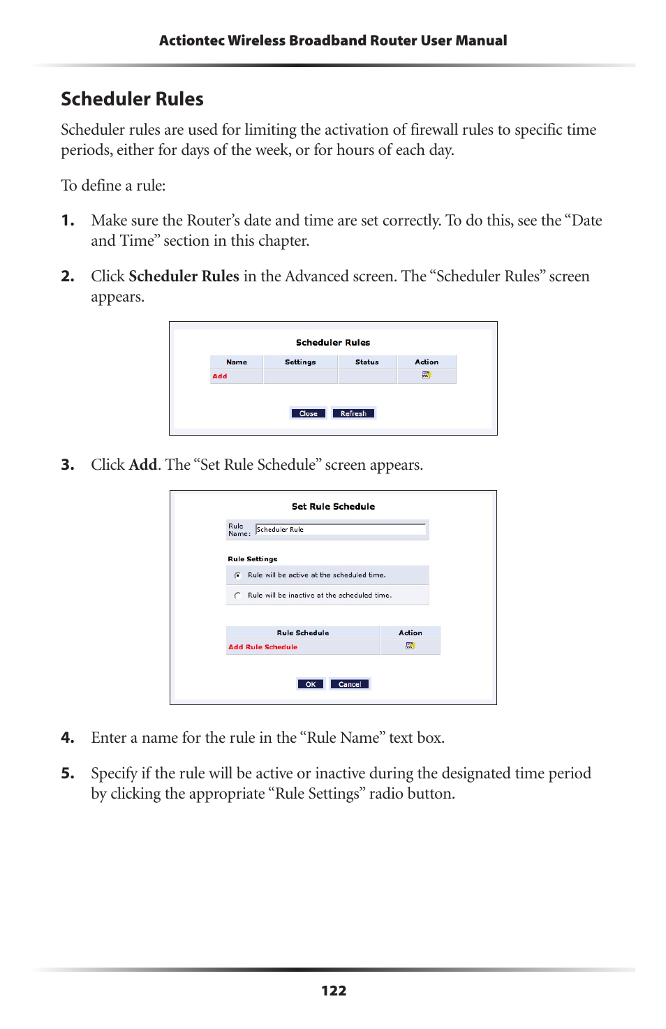 Scheduler rules | Actiontec MI424WR (GigE) User Manual | Page 125 / 171
