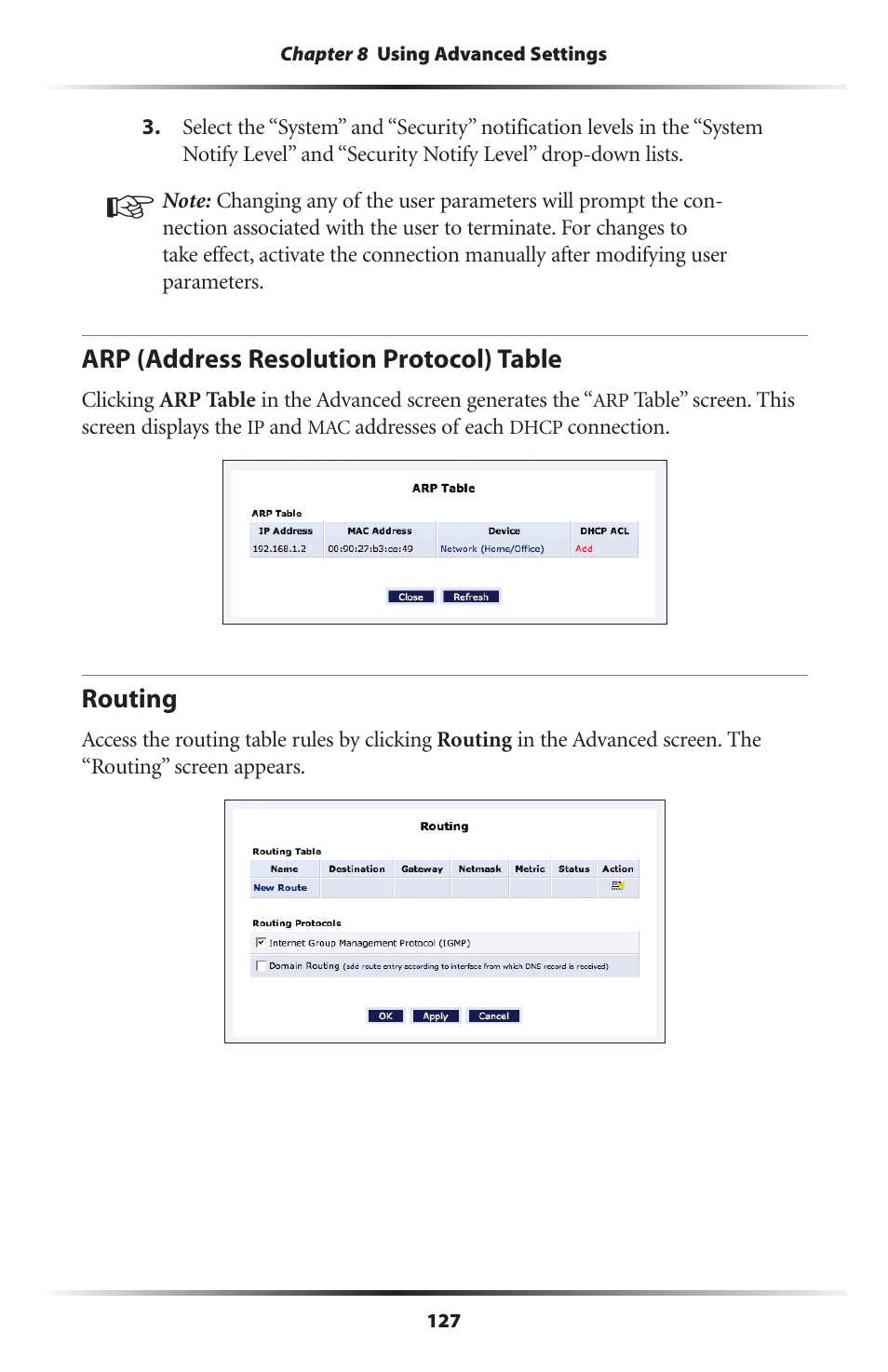 Arp (address resolution protocol) table, Routing, 127 routing | Actiontec MI424WR (GigE) User Manual | Page 130 / 171