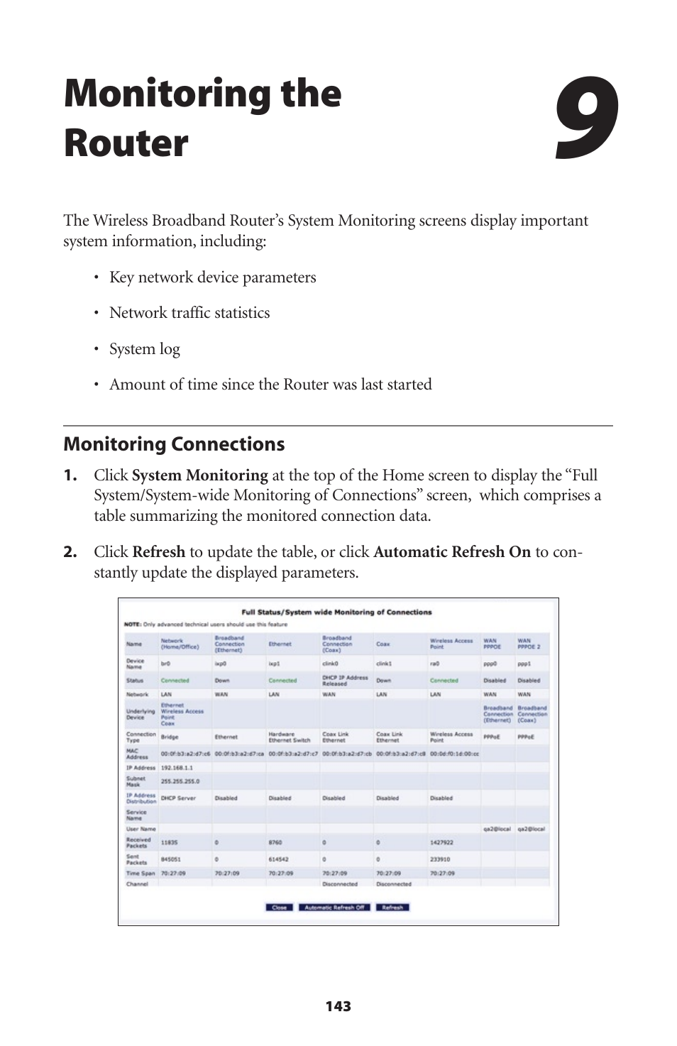 Monitoring the router, Monitoring connections | Actiontec MI424WR (GigE) User Manual | Page 146 / 171
