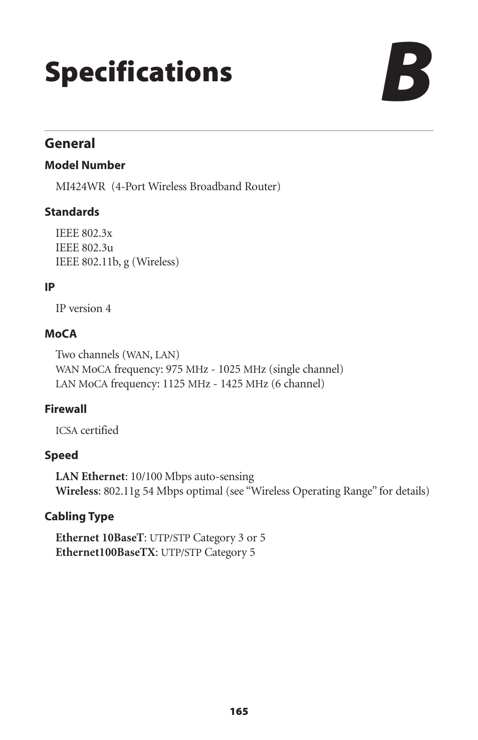 Specifications, General | Actiontec MI424WR (GigE) User Manual | Page 168 / 171