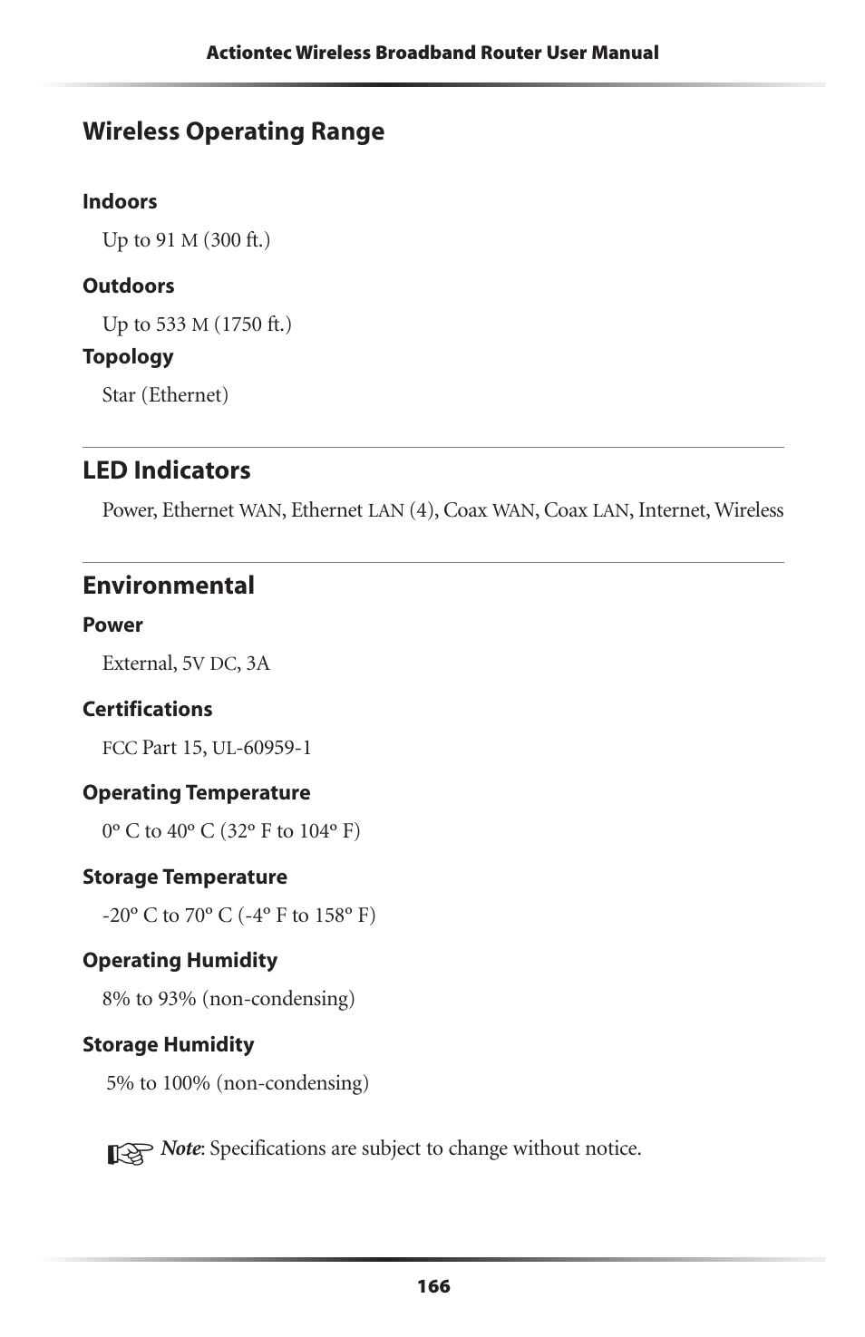 Wireless operating range, Led indicators, Environmental | 166 led indicators, 166 environmental | Actiontec MI424WR (GigE) User Manual | Page 169 / 171