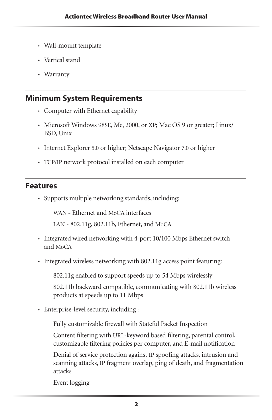 Minimum system requirements, Features, 2 features | Actiontec MI424WR (GigE) User Manual | Page 5 / 171