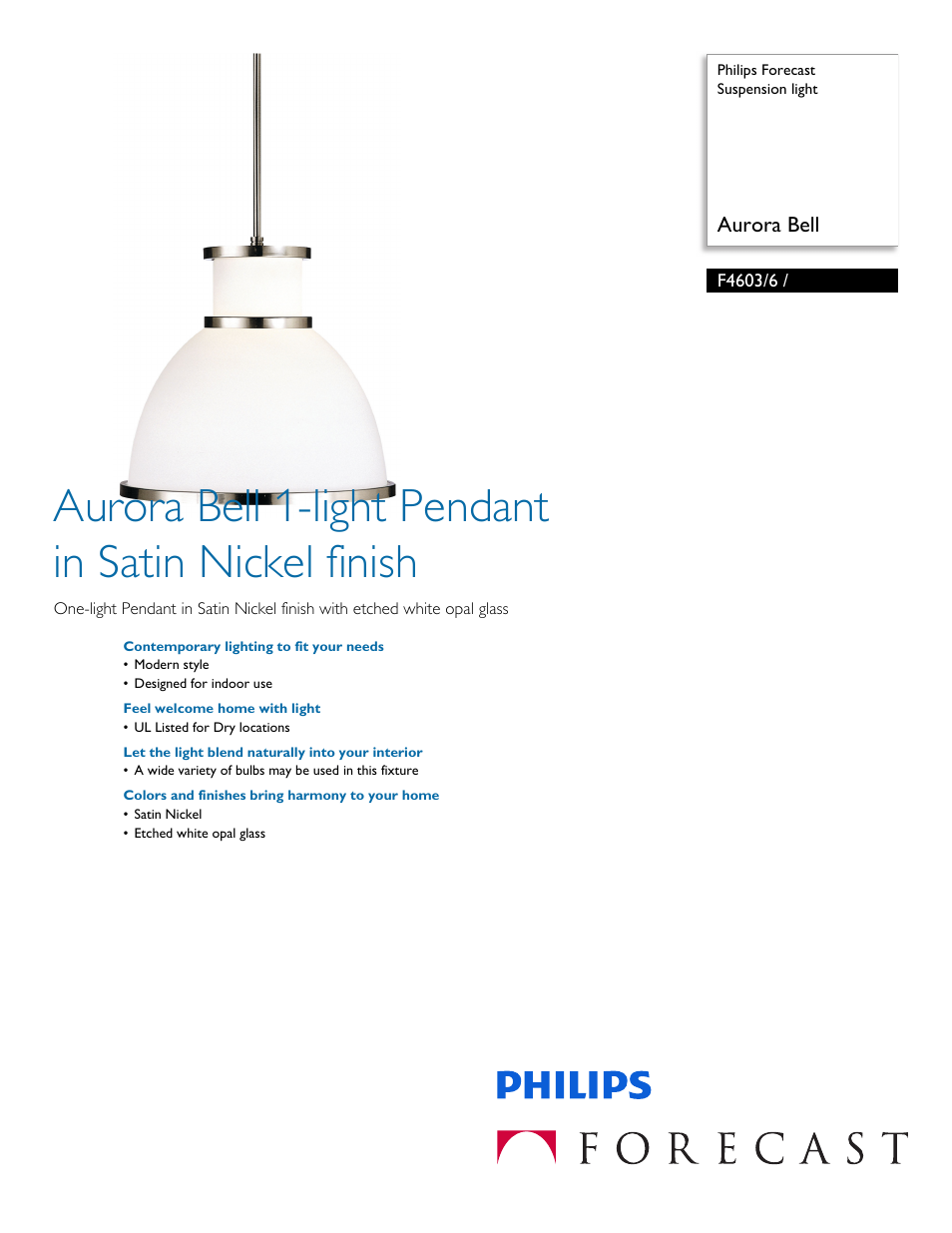 Philips Forecast Suspension light F4603-6 - Aurora Bell User Manual | 2 pages