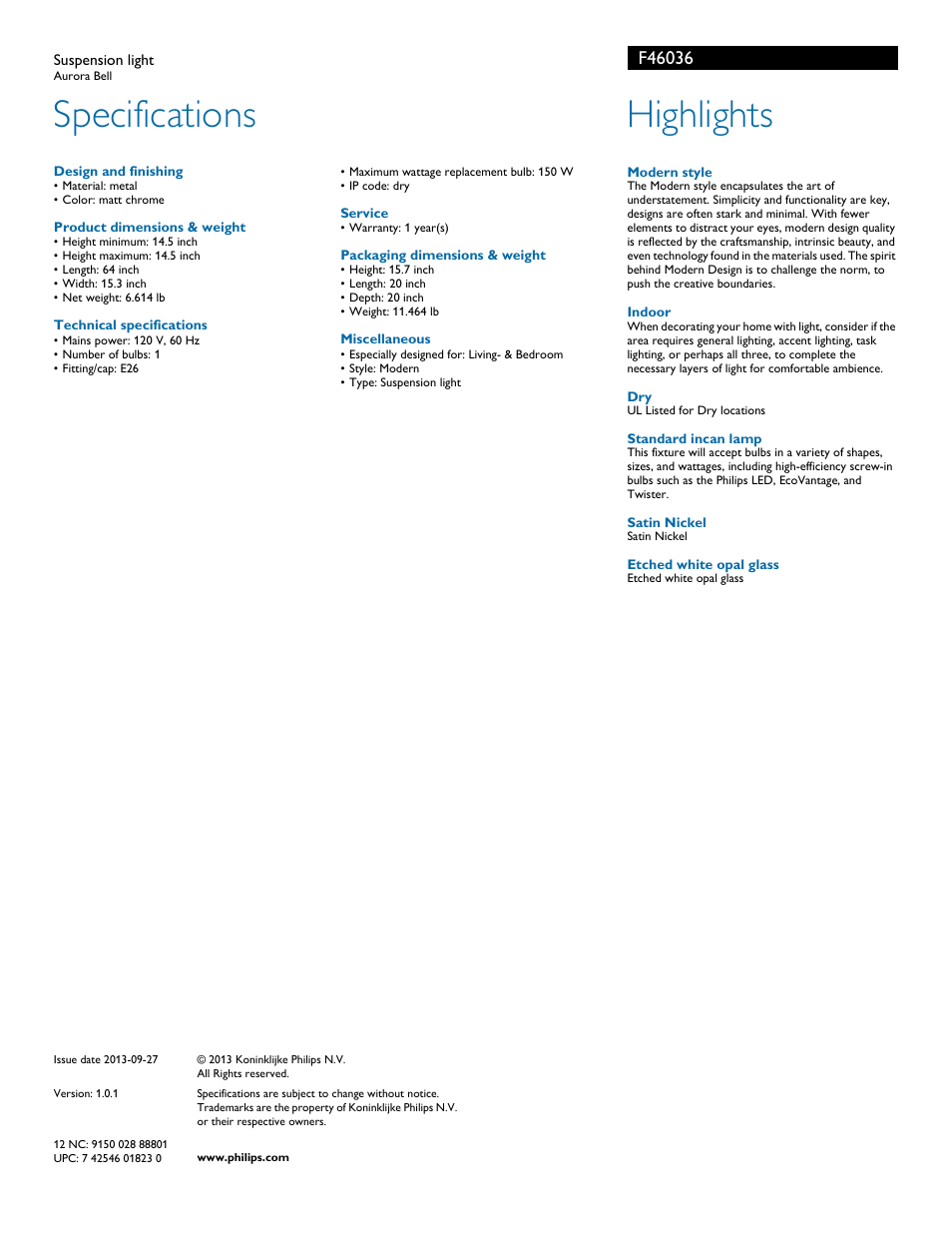 Specifications, Highlights | Philips Forecast Suspension light F4603-6 - Aurora Bell User Manual | Page 2 / 2