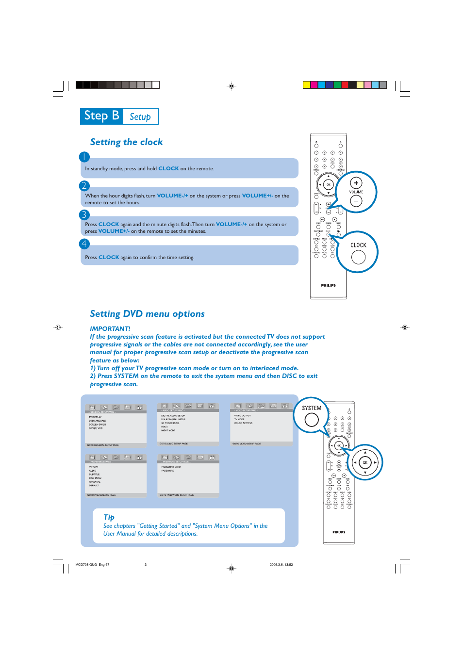 Setting the clock 1 2 3 4, Setting dvd menu options | Philips MCD708-37B User Manual | Page 3 / 4