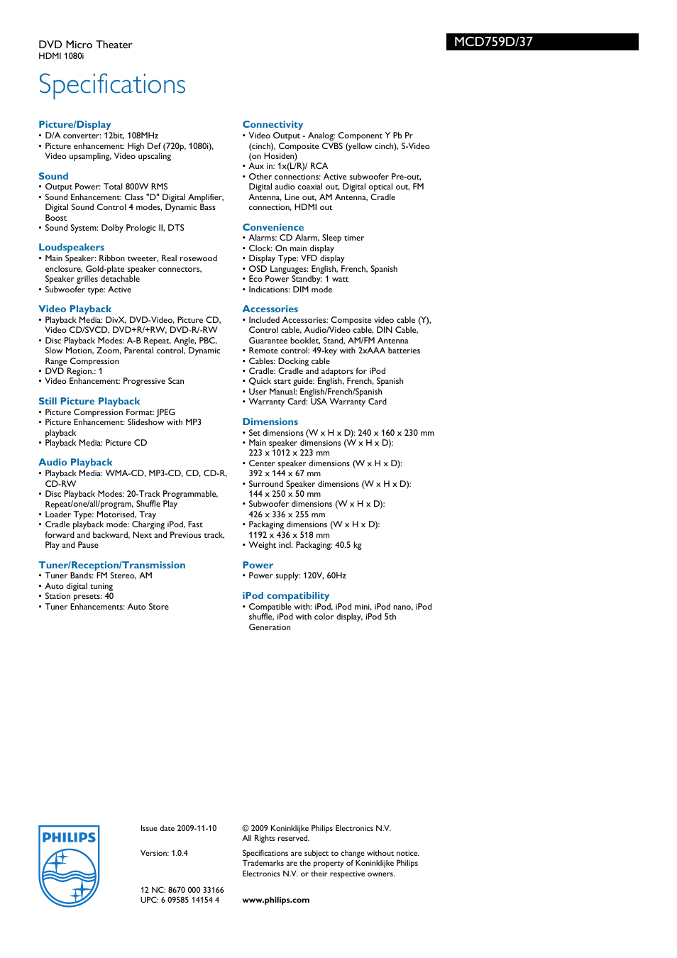 Specifications | Philips MCD759D-37 User Manual | Page 3 / 3
