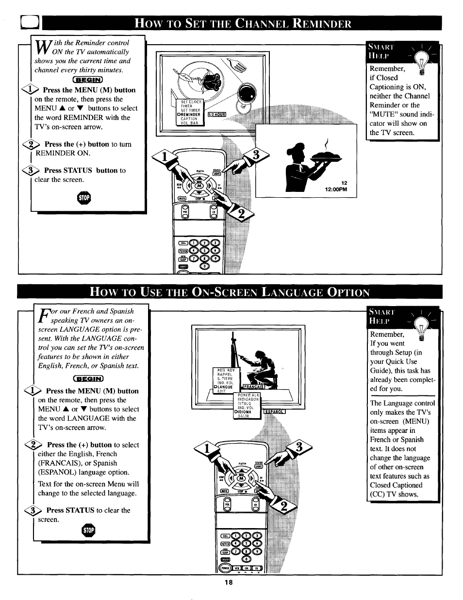 How to set the channel reminder, How to use the on-screen language option, Ousing the on-screen language option | Philips TS3254C User Manual | Page 18 / 36