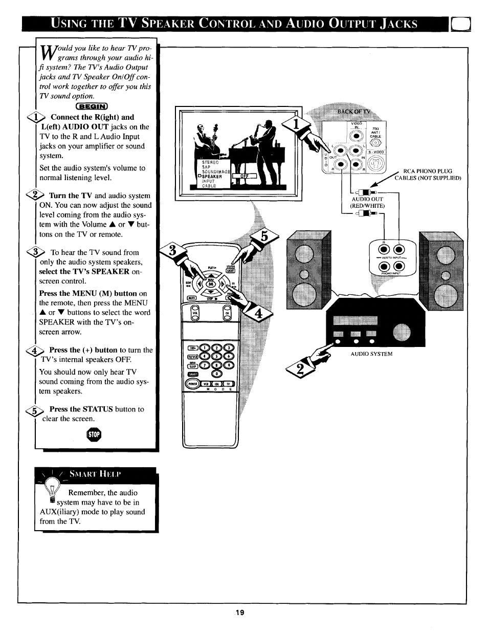 Tv s, Sing, Peaker | Ontrol, Udio, Utput, Acks | Philips TS3254C User Manual | Page 19 / 36