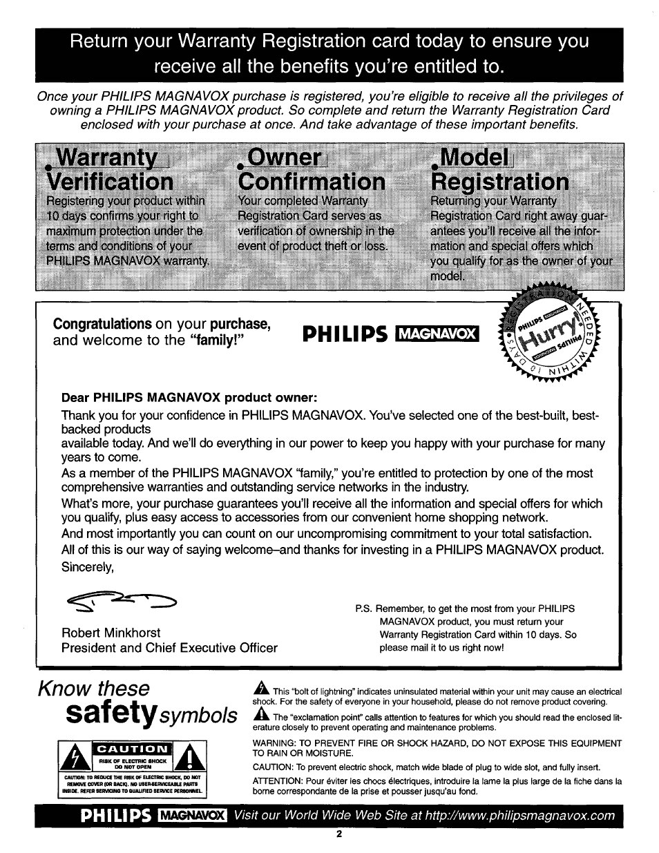 Warranty , verification, Owner confirmation, Model registration | Philips, Know these ssfqty symbols | Philips TS3254C User Manual | Page 2 / 36