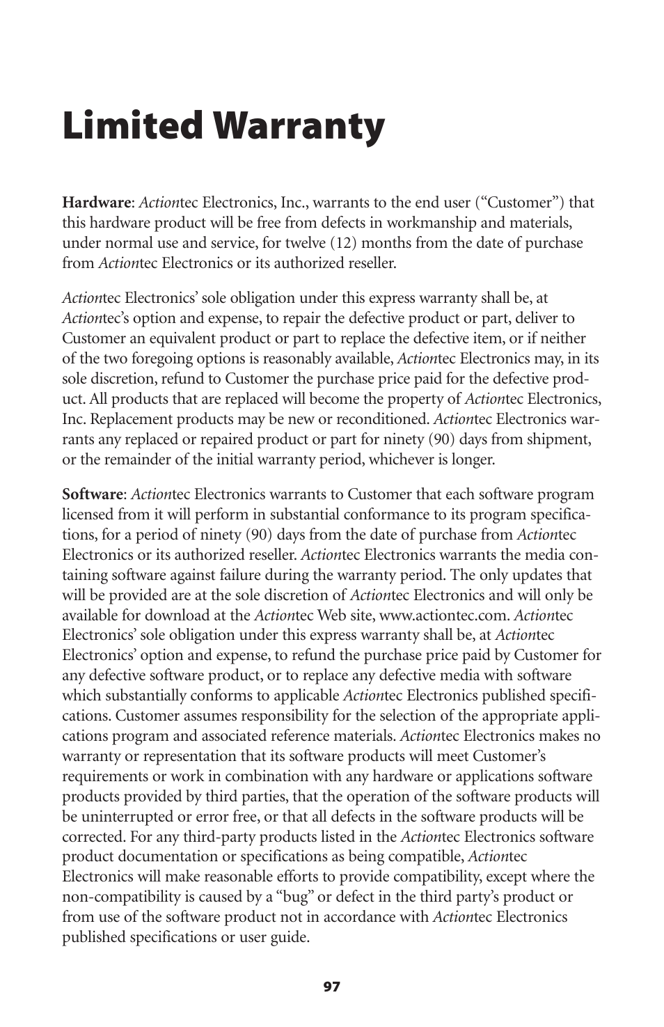 Limited warranty | Actiontec electronic GS204AD9-01 User Manual | Page 100 / 103