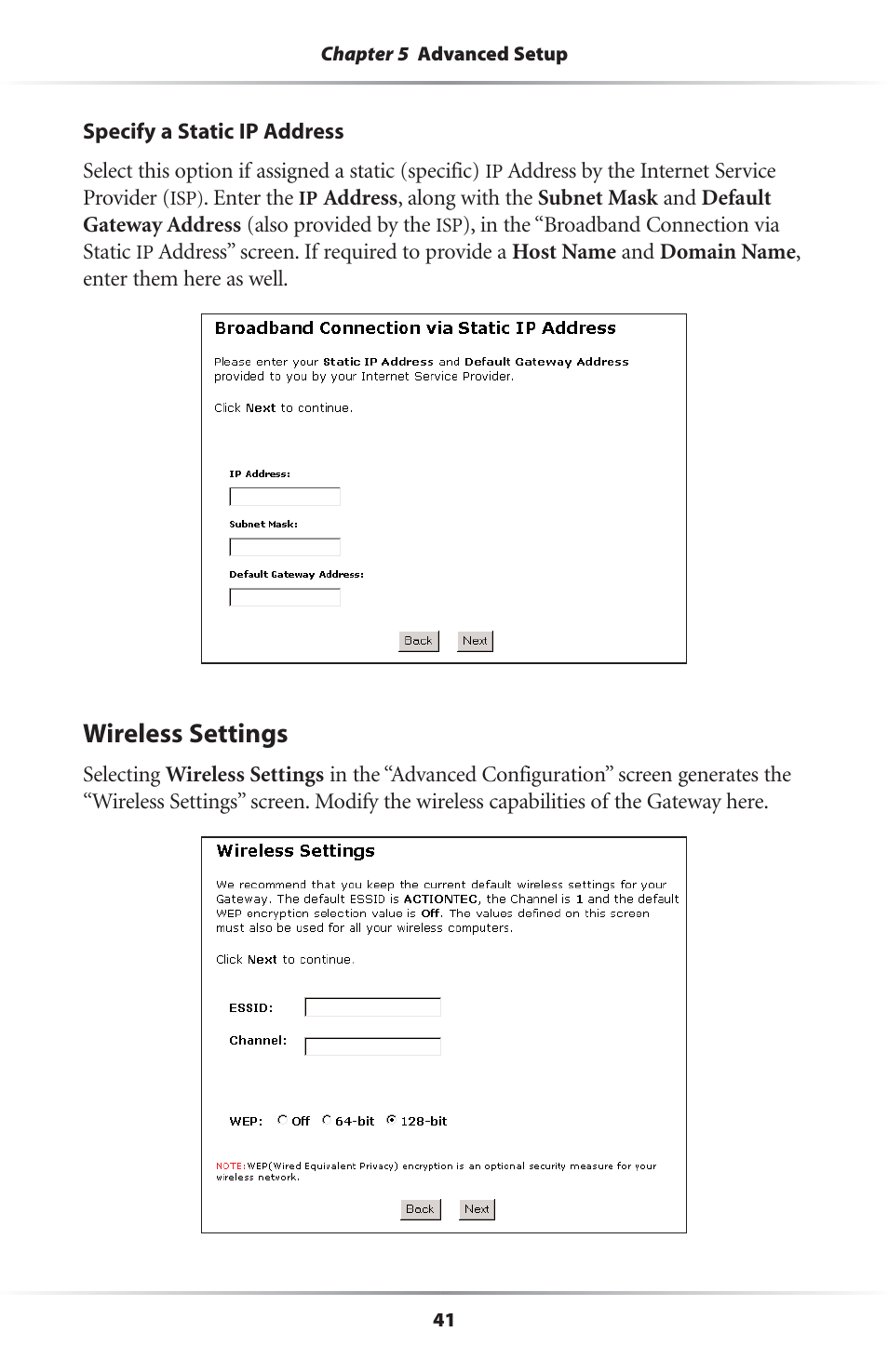 Wireless settings | Actiontec electronic GS204AD9-01 User Manual | Page 44 / 103