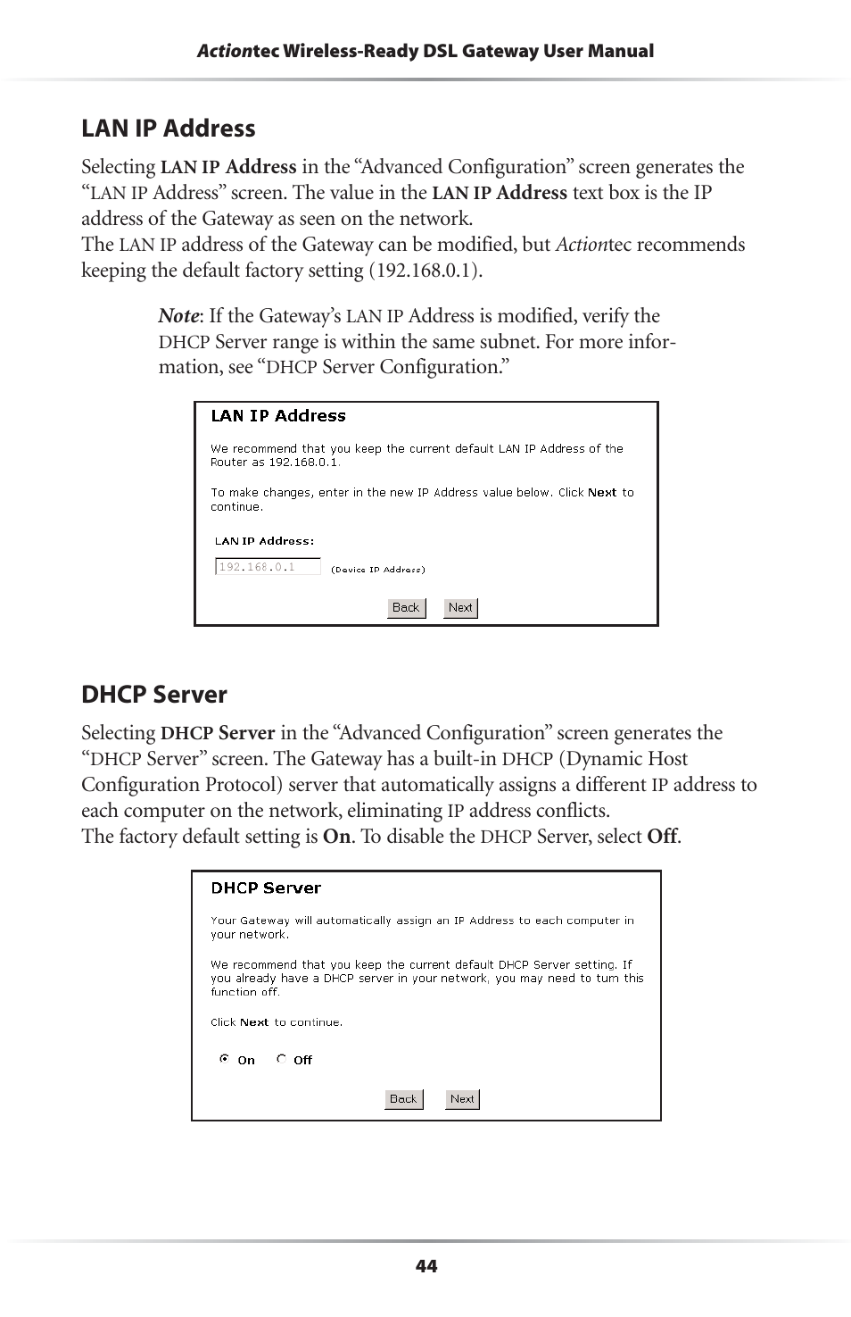 Lan ip address, Dhcp server | Actiontec electronic GS204AD9-01 User Manual | Page 47 / 103