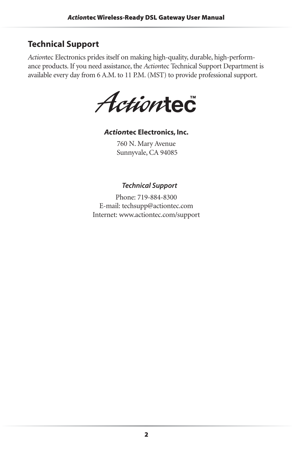 Technical support | Actiontec electronic GS204AD9-01 User Manual | Page 5 / 103