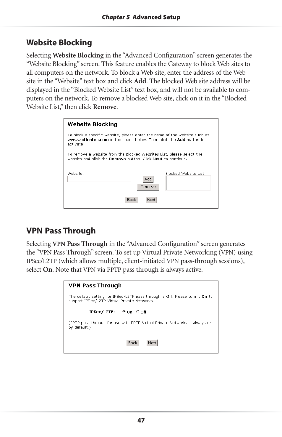 Website blocking, Vpn pass through | Actiontec electronic GS204AD9-01 User Manual | Page 50 / 103