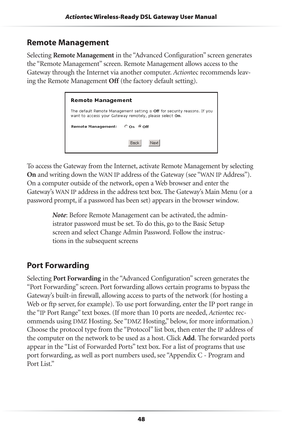 Remote management, Port forwarding | Actiontec electronic GS204AD9-01 User Manual | Page 51 / 103