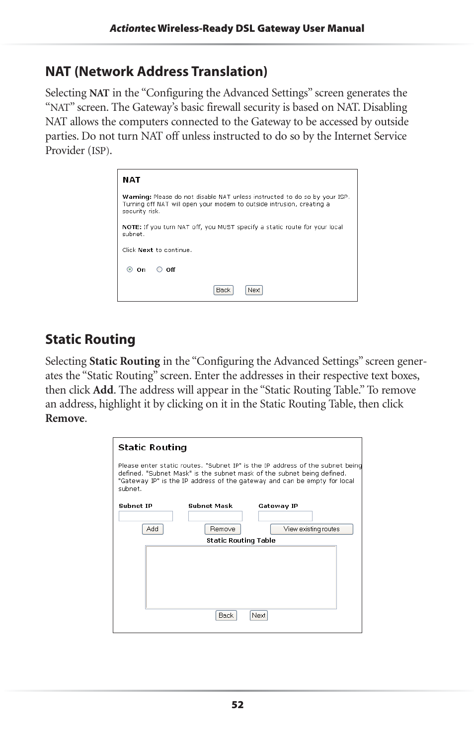 Nat (network address translation), Static routing | Actiontec electronic GS204AD9-01 User Manual | Page 55 / 103