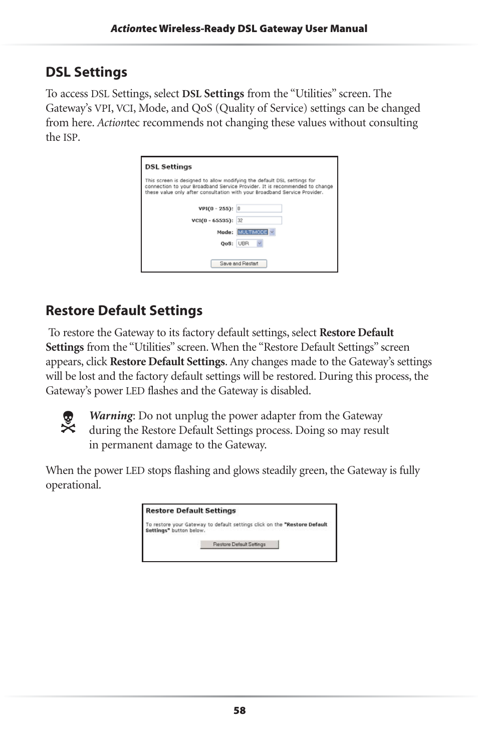 Dsl settings, Restore default settings | Actiontec electronic GS204AD9-01 User Manual | Page 61 / 103