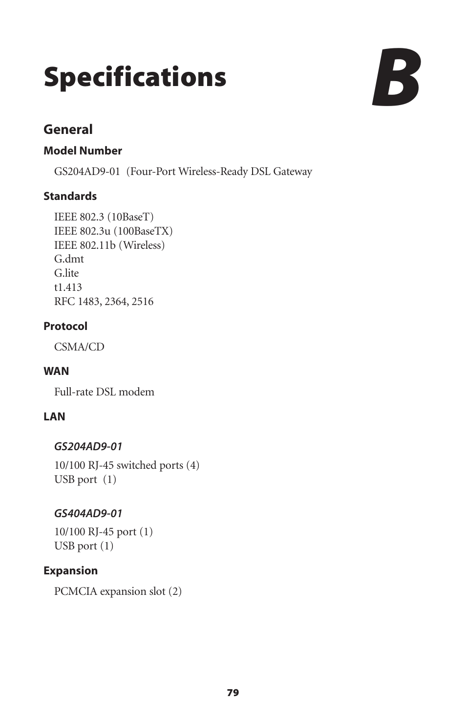 Specifications | Actiontec electronic GS204AD9-01 User Manual | Page 82 / 103
