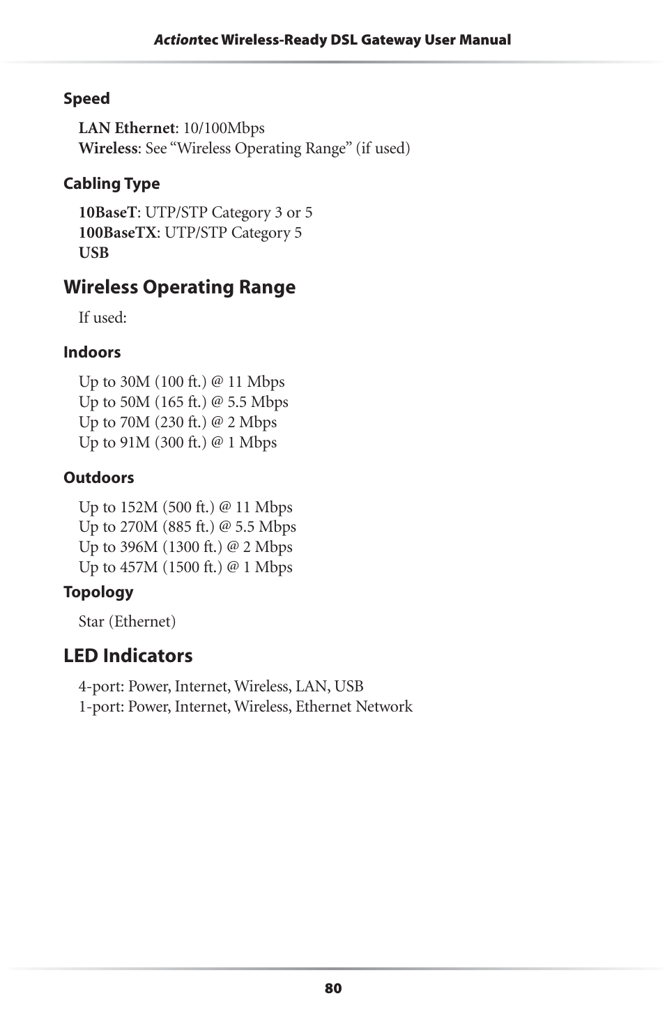 Wireless operating range, Led indicators | Actiontec electronic GS204AD9-01 User Manual | Page 83 / 103