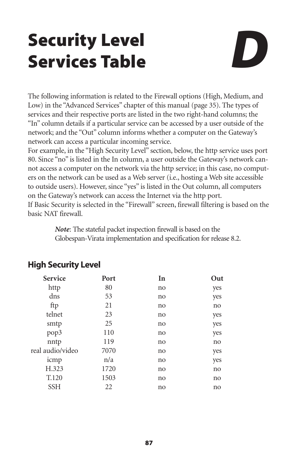 Security level services table | Actiontec electronic GS204AD9-01 User Manual | Page 90 / 103