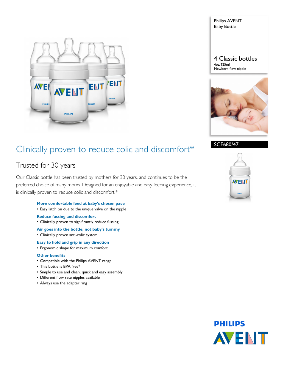 Philips AVENT Baby Bottle SCF680-47 4 Classic bottles 4oz-125ml Newborn flow nipple User Manual | 3 pages