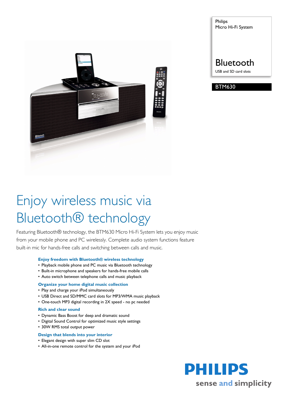 Philips Micro Hi-Fi System BTM630 Bluetooth USB and SD card slots User Manual | 2 pages