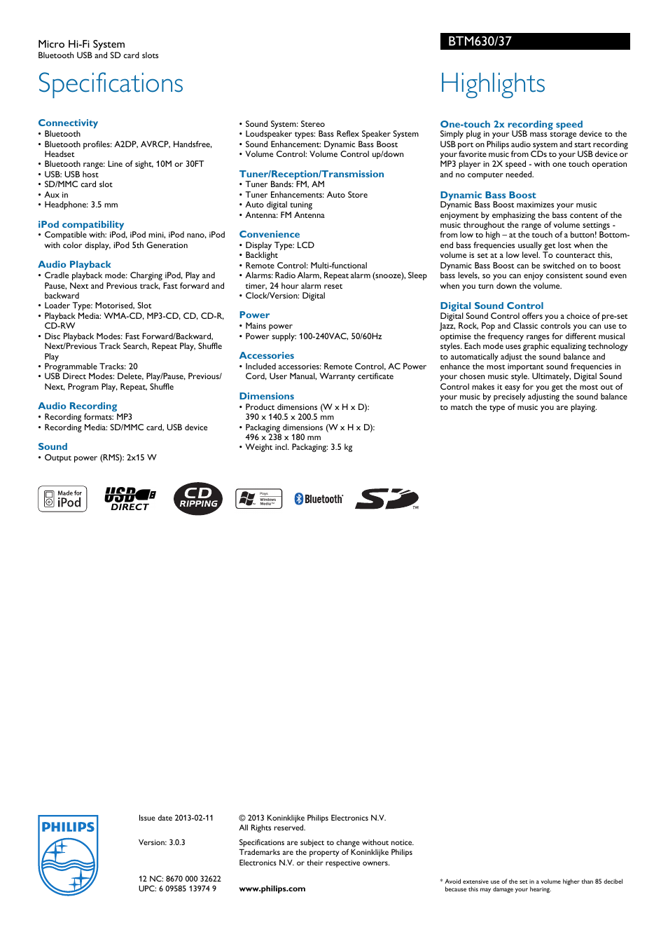 Specifications, Highlights | Philips Micro Hi-Fi System BTM630 Bluetooth USB and SD card slots User Manual | Page 2 / 2