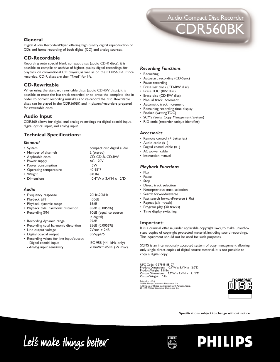 Cdr560bk, Audio compact disc recorder, General | Cd-recordable, Cd-rewritable, Audio input, Technical specifications | Philips CDR560BK98 User Manual | Page 2 / 2