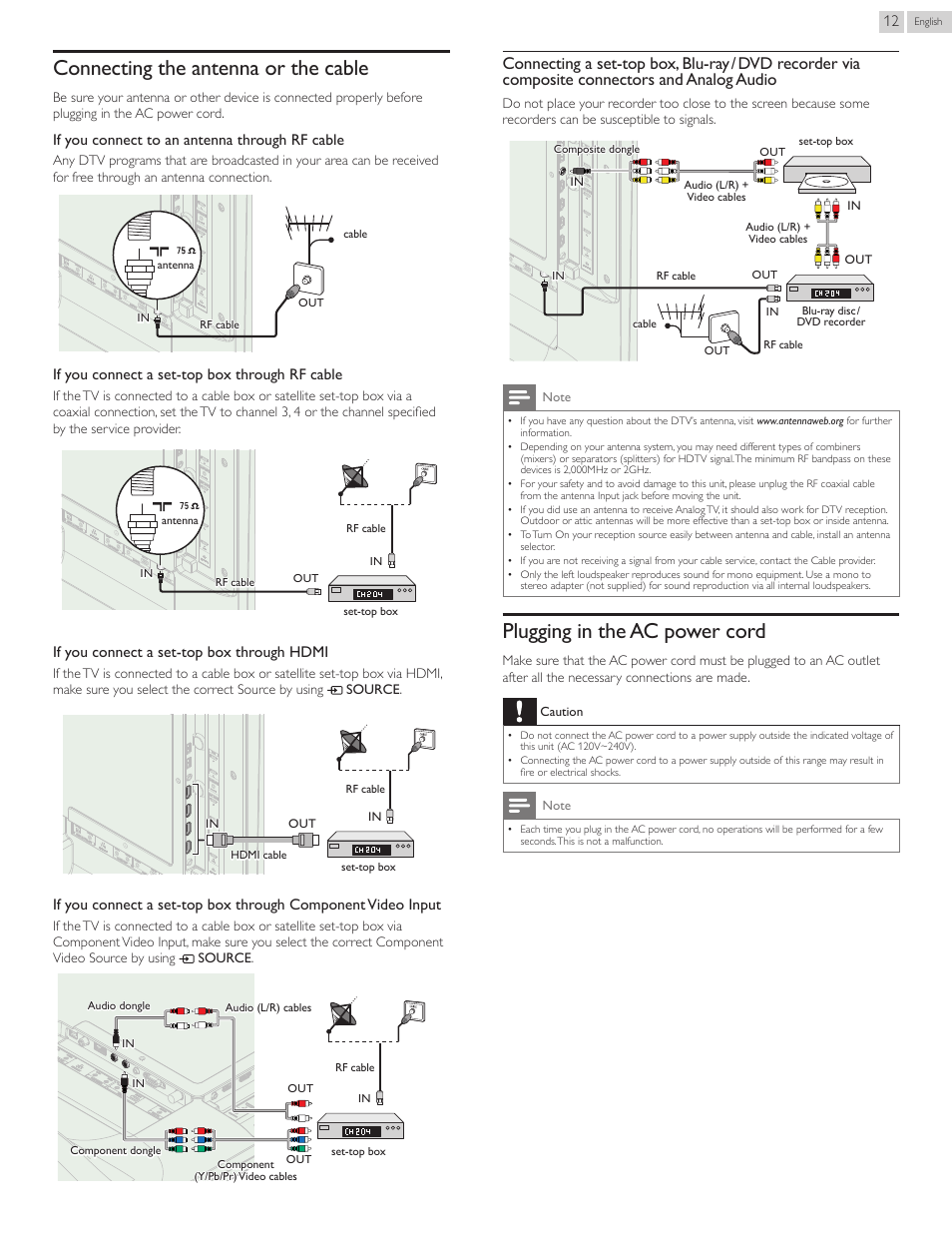 Connecting the antenna or the cable, Plugging in the ac power cord, If you connect to an antenna through rf cable | If you connect a set-top box through rf cable, If you connect a set-top box through hdmi | Philips 55PFL5907-F7 User Manual | Page 12 / 67
