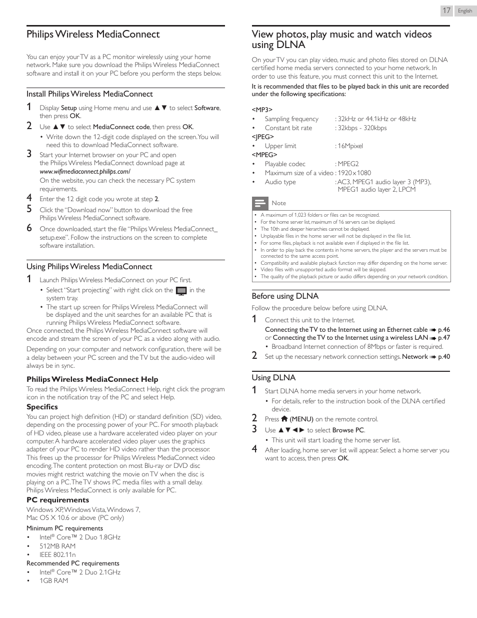 Philips wireless mediaconnect, View photos, play music and watch videosusing dlna | Philips 55PFL5907-F7 User Manual | Page 17 / 67