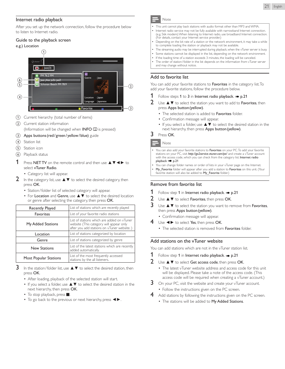 Internet radio playback, Add to favorite list, Remove from favorite list | Add stations on the vtuner website | Philips 55PFL5907-F7 User Manual | Page 21 / 67