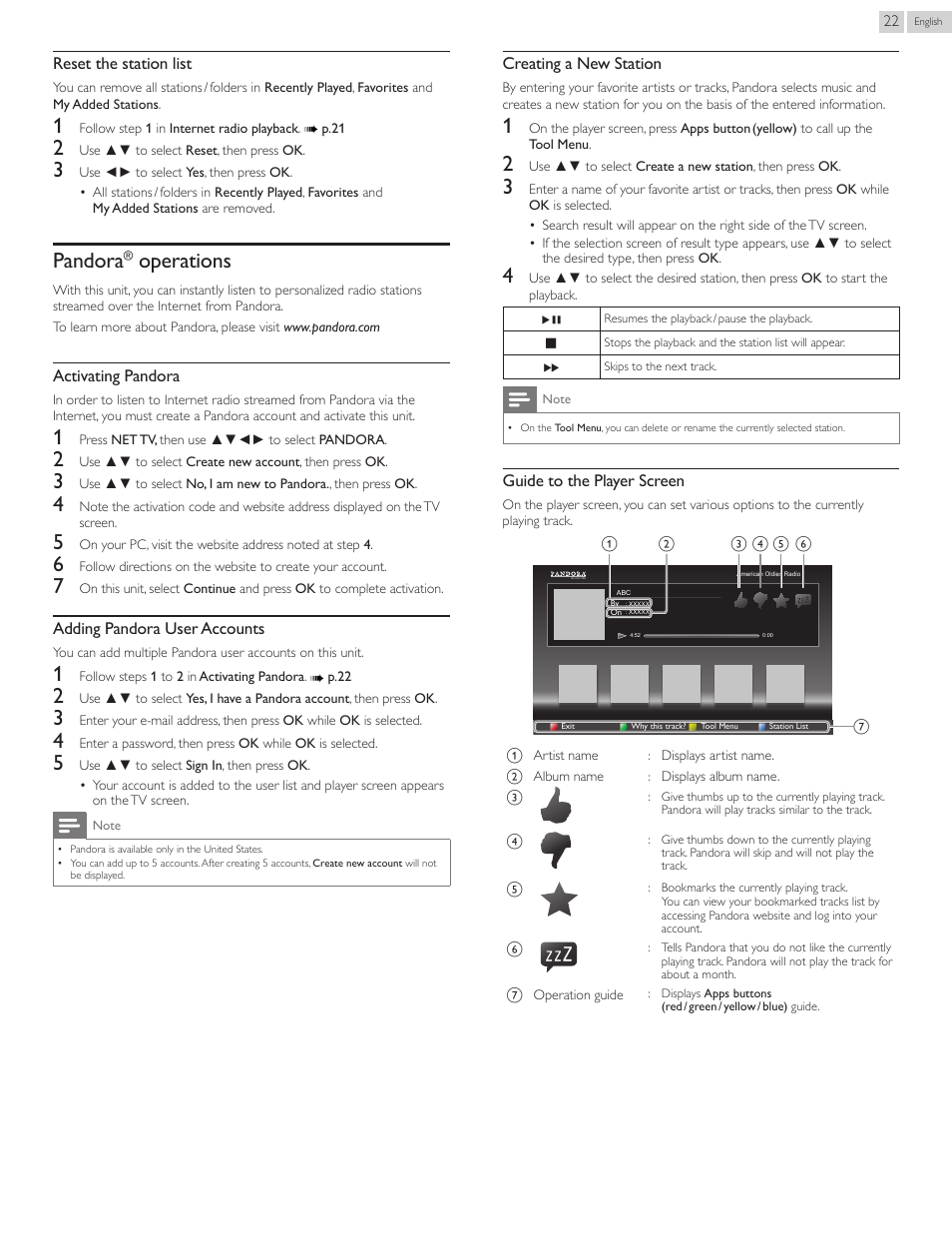 Pandora® operations, Pandora, Operations | Philips 55PFL5907-F7 User Manual | Page 22 / 67