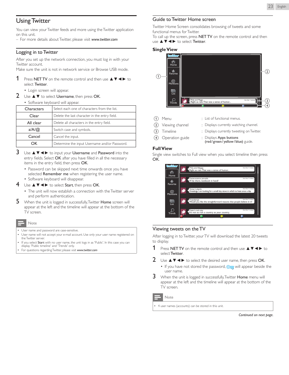 Using twitter, Logging in to twitter, Guide to twitter home screen | Viewing tweets on the tv | Philips 55PFL5907-F7 User Manual | Page 23 / 67