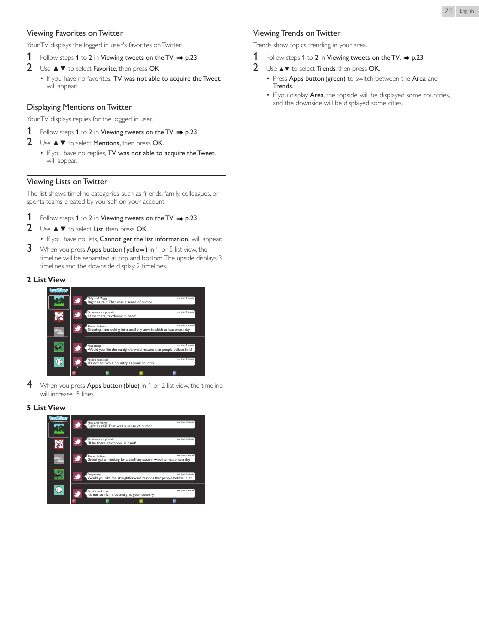 Viewing favorites on twitter, Displaying mentions on twitter, Viewing lists on twitter | Viewing trends on twitter, 2 list view, 5 list view | Philips 55PFL5907-F7 User Manual | Page 24 / 67