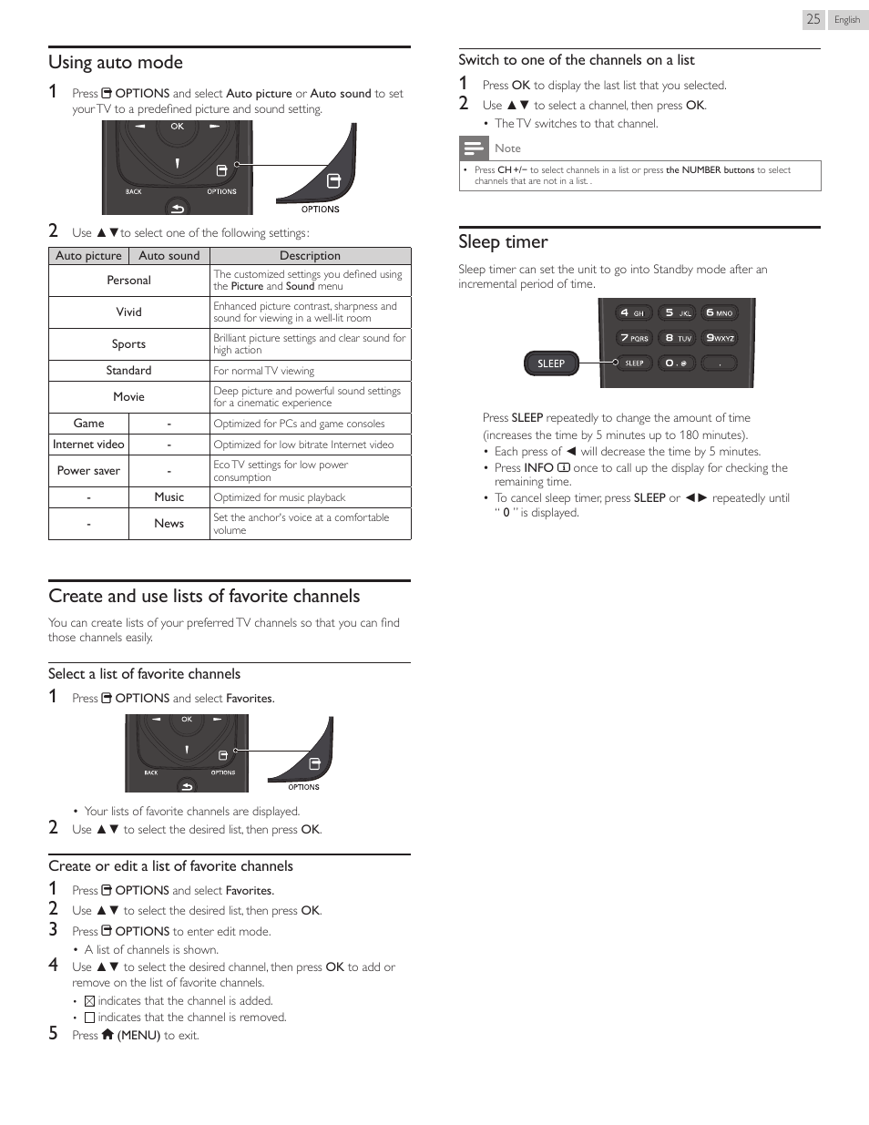 Using auto mode, Create and use lists of favorite channels, Sleep timer | Using auto mode 1 | Philips 55PFL5907-F7 User Manual | Page 25 / 67