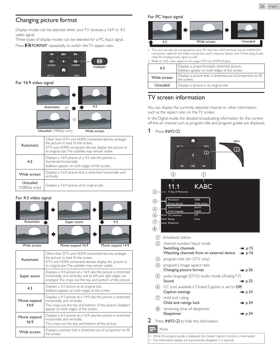 Changing picture format, Tv screen information, 1 kabc | Philips 55PFL5907-F7 User Manual | Page 26 / 67