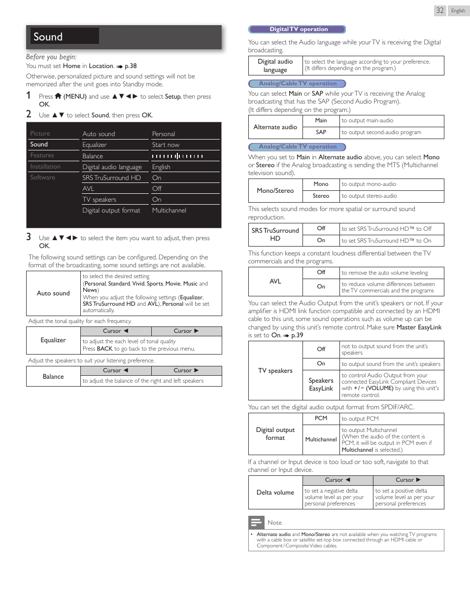 Sound | Philips 55PFL5907-F7 User Manual | Page 32 / 67