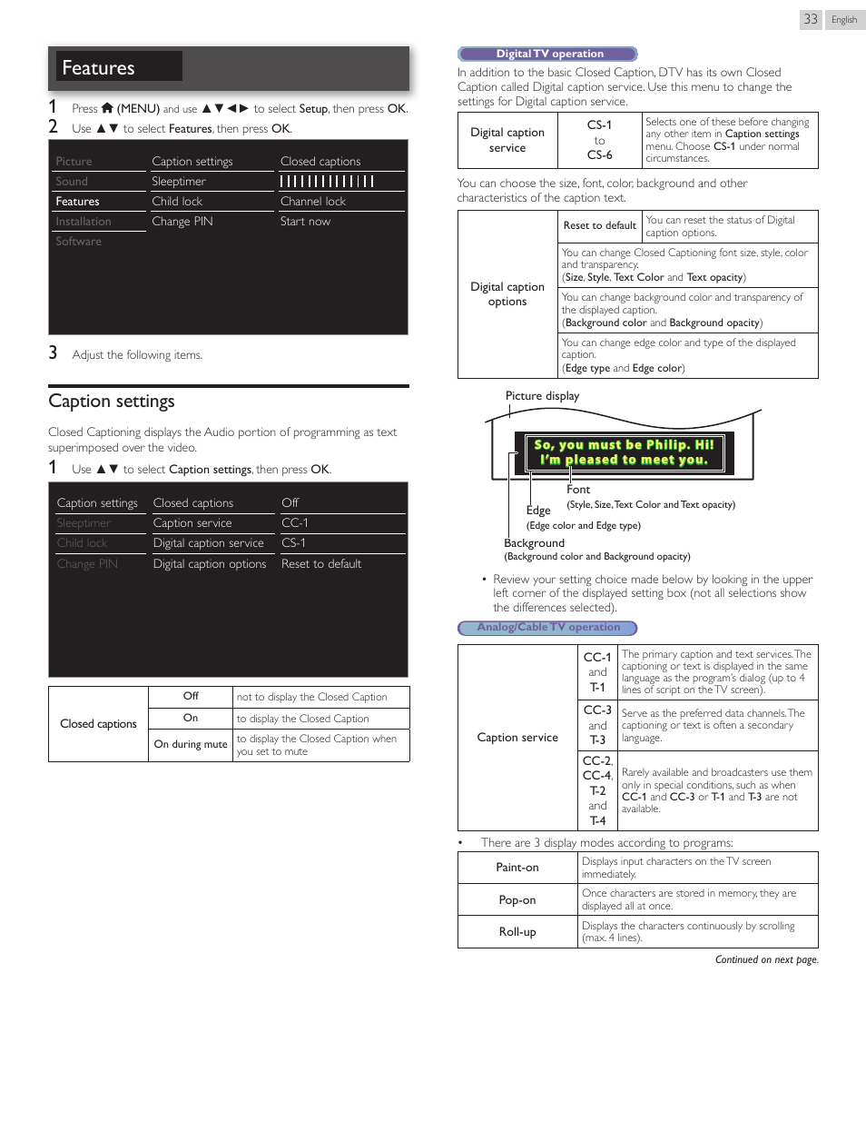 Features, Caption settings | Philips 55PFL5907-F7 User Manual | Page 33 / 67