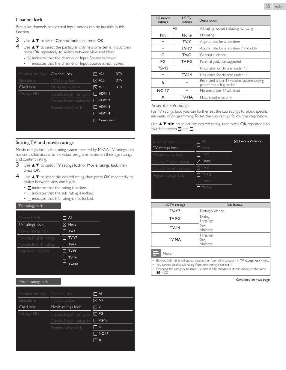 Channel lock, Setting tv and movie ratings | Philips 55PFL5907-F7 User Manual | Page 35 / 67